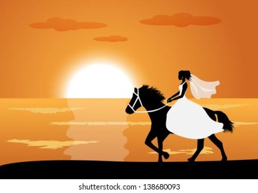 Bride in wedding dress riding a horse on the background of the sea and the sunset 