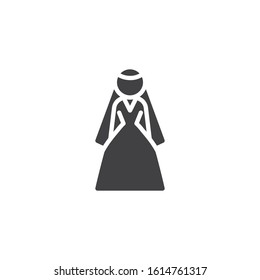Bride in wedding dress vector icon. filled flat sign for mobile concept and web design. Woman in wedding dress glyph icon. Symbol, logo illustration. Vector graphics