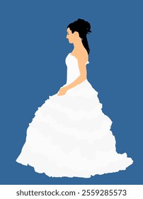 Bride in wedding dress vector illustration isolated on background.  Happy fiance waiting groom. Cinderella in ball dress. Young lady in beautiful clothes. Elegant handsome girl in white.