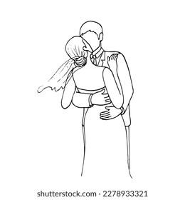 bride in a wedding dress with a veil flying from the wind on her head stands with her back to the viewer, she kisses the groom who hugs her tightly - hand drawn doodle. bride and groom kiss