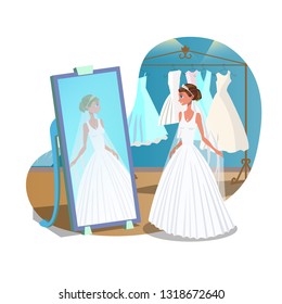 Bride in Wedding Salon, Shop Vector Illustration. Model in White Gown. Woman Choosing Dress. Female Cartoon Character. Wedding Preparations Flat Poster Concept. Showroom, Boutique Interior