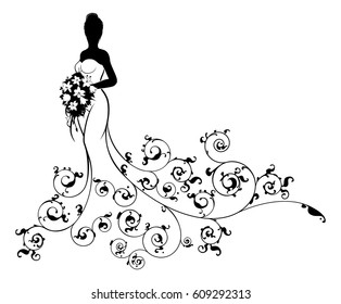 A bride wedding silhouette design, in a white bridal dress gown holding a floral bouquet of flowers with an abstract floral pattern design