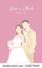 Bride in white dress with flower bouquet and Groom in beige suit portrait pose for their wedding ceremony invitation card vector couple characters on pink background.