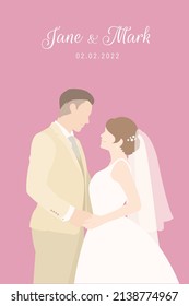 Bride in white dress and Groom in beige suit holding hands for their wedding ceremony invitation card vector couple characters on pink background.