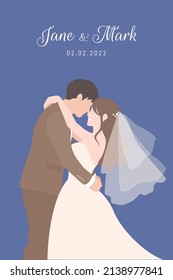 Bride in white dress and Groom in brown suit and red bow tie holding each other for their wedding ceremony invitation card vector couple characters on navy blue background.