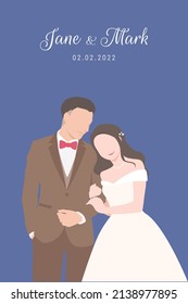 Bride in white dress and Groom in brown suit and red bow tie holding hands for their wedding ceremony invitation card vector couple characters on navy blue background.