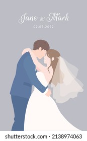 Bride in white dress and Groom in navy blue suit holding each other for their wedding ceremony invitation card vector couple characters on gray background.
