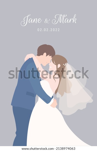 Bride in white dress and Groom in navy
blue suit holding each other for their wedding ceremony invitation
card vector couple characters on gray
background.
