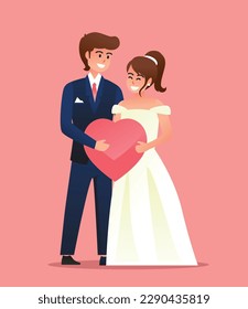 Bride in white dress and Groom in suit. Couple wedding vector illustration