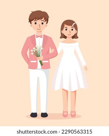 Bride in white dress and Groom in suit. Couple wedding vector illustration