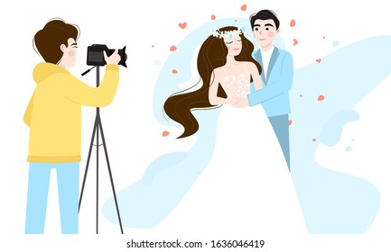 Bride in white dress and groom in wedding suit posing to photographer. Professional photographer with camera on tripod.