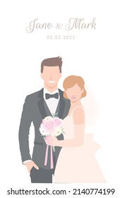 Bride in white dress happily holding flowers bouquet stands beside her Groom in black suit for their wedding ceremony invitation card flat vector couple characters on white background.