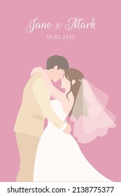 Bride in white dress happily hug holding the Groom in beige suit for their wedding ceremony invitation card vector couple characters on pink background.