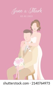 Bride in white dress happily stands behind her Groom in beige suit sitting for their wedding ceremony invitation card flat vector couple characters on pink background.