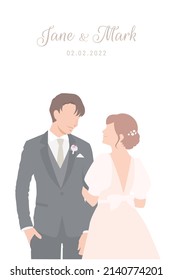 Bride in white dress happily stands beside her Groom in black suit for their wedding ceremony invitation card flat vector couple characters on white background.