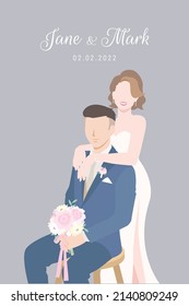 Bride in white dress happily stands behind her Groom in navy blue suit sitting for their wedding ceremony invitation card flat vector couple characters on gray background.