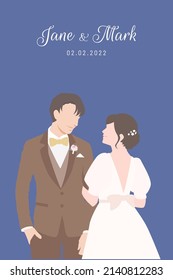 Bride in white dress happily stands beside her Groom in brown suit for their wedding ceremony invitation card flat vector couple characters on navy blue background.