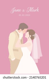 Bride in white dress happily touches the face of her Groom in beige suit for their wedding ceremony invitation card flat vector couple characters on pink background.