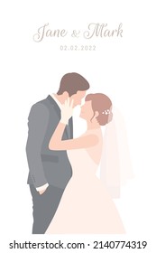 Bride in white dress happily touches the face of her Groom in black suit for their wedding ceremony invitation card flat vector couple characters on white background.