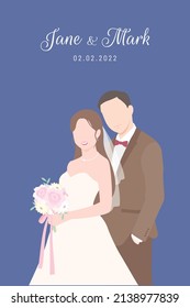 Bride in white dress holding flower bouquet and Groom in brown suit and red bow tie in wedding ceremony invitation card vector couple characters on navy blue background.