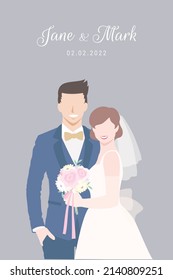 Bride in white dress holding flowers bouquet happily stands beside her Groom in navy blue suit for their wedding ceremony invitation card flat vector couple characters on gray background.