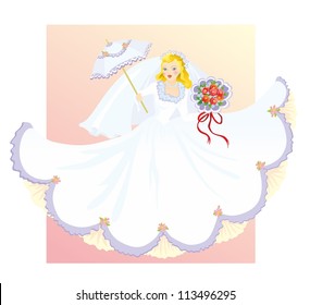 "bride in white dress with umbrella"
