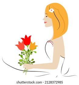 The bride in white with flowers. Flat illustration with a line.