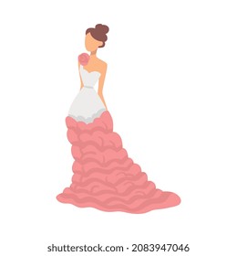Bride in White and Pink Wedding Dress Standing as Newlywed or Just Married Female Vector Illustration