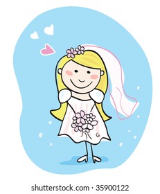 Bride in white. This beautiful bride in white dress is still waiting for the right one. Bride â?? doodle character. Art vector Illustration.