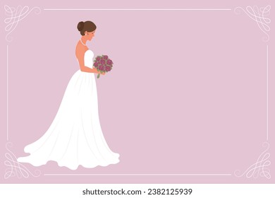 Bride in a white wedding dress with a bouquet of flowers. Luxury wedding banner template for invitation. Illustration, vector