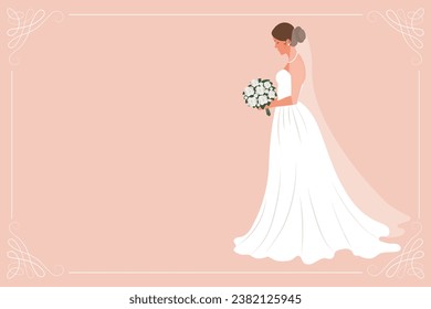 Bride in a white wedding dress with a bouquet of flowers. Luxury wedding banner template for invitation. Illustration, vector