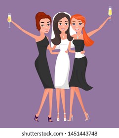 Bride in white wedding dress and bridal veil with girlfriends drinking champagne and celebration. Bridesmaids at hen party or bachelorette vector