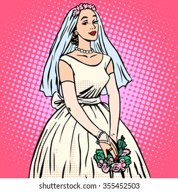 Bride in white wedding dress pop art retro style. Beautiful woman. Tradition and celebration. Love, marriage and romance