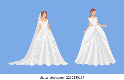 Novia con vestido de novia casada blanca de nuevo matrimonio o recién casada con vector de fondo azul