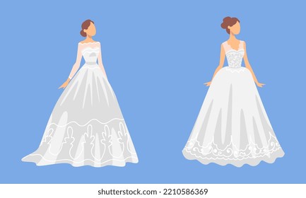 Bride in White Wedding Dress Standing as Newlywed or Just Married Female on Blue Background Vector Set