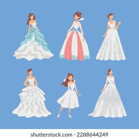 Bride in White Wedding Dress Standing as Newlywed or Just Married Female on Blue Background Vector Set