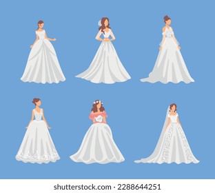 Bride in White Wedding Dress Standing as Newlywed or Just Married Female on Blue Background Vector Set