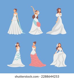 Bride in White Wedding Dress Standing as Newlywed or Just Married Female on Blue Background Vector Set