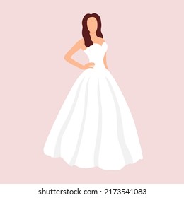 Bride in white wedding dress vector illustration. Abstract young woman in evening long dress. Beautiful female faceless image. Wedding image of girl