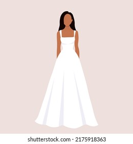Bride in white wedding dress vector illustration. Abstract young black woman in evening long dress. Beautiful female faceless image. Wedding image of girl