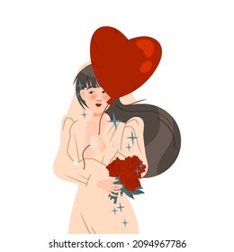 Bridegroom, beautiful young woman holding red heart shape balloon and bouquet of flowers vector illustration