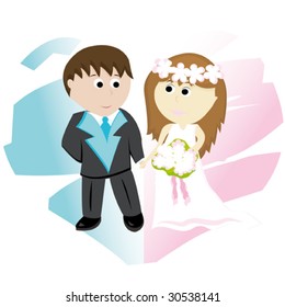 Bridegroom and bride on background with abstract heart. Vector illustration.