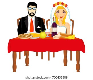 Bridegroom and bride at the table.Vector illustration