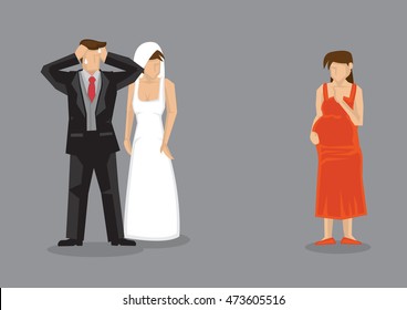Bridegroom feeling stressed out when pregnant girlfriend turns up at his wedding. Cartoon vector illustration on extramarital affair and infidelity in relationships.