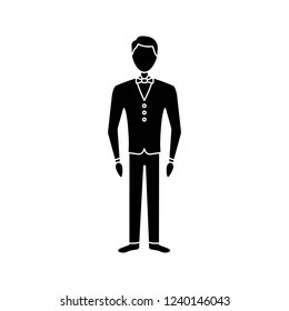 Bridegroom glyph icon. Fiance. Groom tuxedo. Man in wedding suit. Formal wear for men. Silhouette symbol. Negative space. Vector isolated illustration