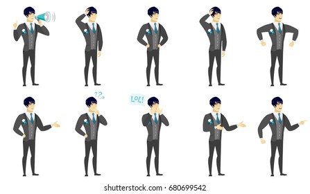Bridegroom with a megaphone making an announcement. Bridegroom making an announcement through megaphone. Announcement concept. Set of vector flat design illustrations isolated on white background.