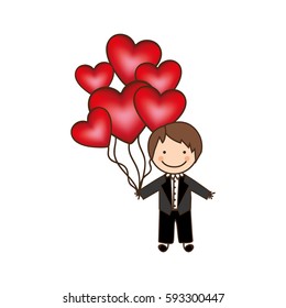 bridegroom with red heart balloons in his hand, vector illustraction