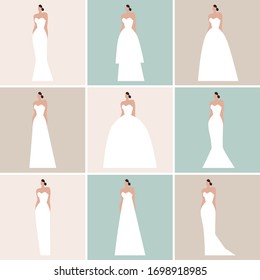 Brides in different styles of wedding dresses made in modern flat vector style. Flat vector illustration.