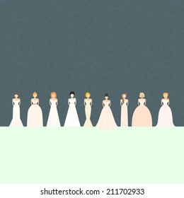 Brides in different styles of wedding dresses made in modern flat vector style. Choose your perfect wedding dress for your body type. Bridal vector.