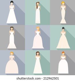 Brides in different styles of wedding dresses made in modern flat vector style. Choose your perfect wedding dress for your body type. Bridal vector.